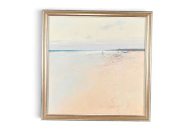 tableau représentant une scène de plage avec des personnes marchant sur le sable