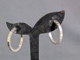 a pair of silver hoop earrings on a black stand
