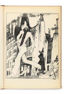 an old book with a black and white drawing of a man in a suit and tie