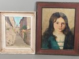 tableau représentant une jeune fille en robe verte à côté d'une image d'un escalier