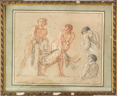 une image représentant un dessin d'un groupe d'hommes en compagnie d'une femme