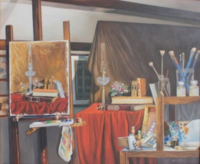 a painting of an artist ' s studio with a painting on the easel