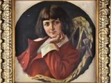 portrait d'une jeune fille vêtue d'un manteau rouge, tenant un livre