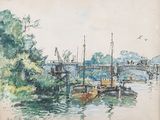 tableau représentant une scène fluviale avec des bateaux et un pont en arrière-plan