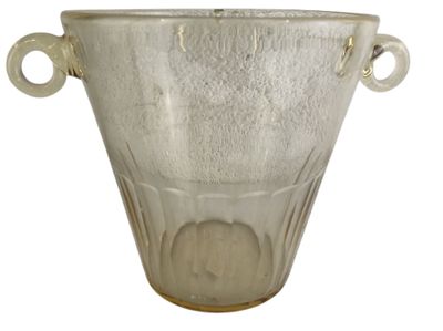 a glass vase with two handles on a white background