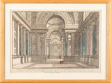 an image of a drawing of a room with columns and a clock