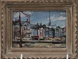 an oil painting of a harbor scene with boats in the water
