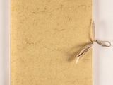 an overhead view of a piece of brown paper tied up with twine