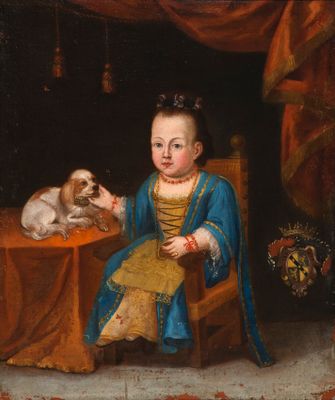 an image of a painting of a young girl sitting at a table with a dog