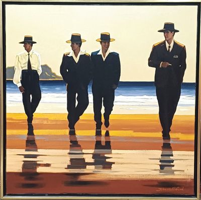 three men in suits and hats walking on the beach
