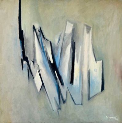 peinture abstraite représentant des formes blanches et bleues sur un fond gris