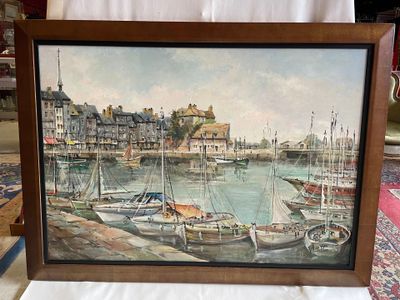 une image d'une peinture de bateaux dans un port