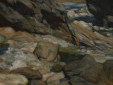 a painting of rocks and water on the shore