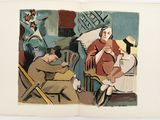 an open book with a painting of a man and a woman sitting on a chair