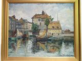 painting of a river scene with boats and buildings in a gold frame