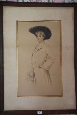 tableau représentant une femme coiffée d'un chapeau et vêtue d'un manteau, dans un cadre en bois