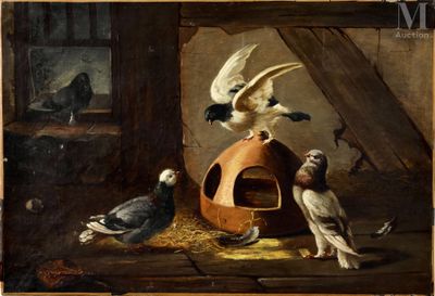 an image of a painting of a group of birds eating out of a bird feeder