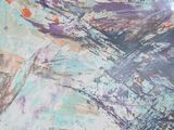abstract painting of a landscape with a mountain in the background