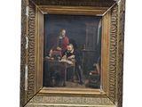 un vieux tableau représentant un homme et une femme assis à une table avec un enfant