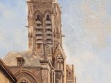 a painting of a building with a clock tower in the background