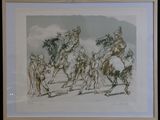 painting of a group of men riding horses in a line