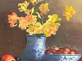 a painting of a blue vase with yellow flowers and cherries in it