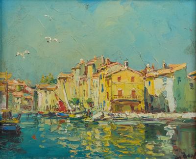 une peinture à l'huile d'une scène portuaire avec des bateaux dans l'eau