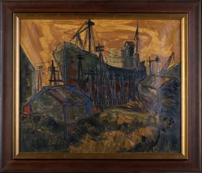 une peinture à l'huile représentant un bateau dans un port, avec un coucher de soleil en arrière-plan