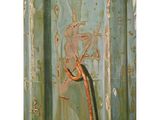 peinture représentant une porte métallique rouillée, dotée d'une poignée rouillée et d'une poignée de porte rouillée