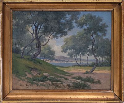 une peinture à l'huile représentant un paysage avec des arbres et une rivière