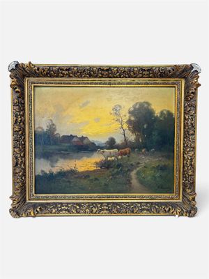 an oil painting of a landscape with a river in the foreground