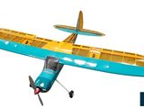 a blue and yellow model of a plane on a white background