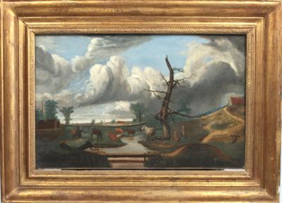 peinture représentant un paysage avec un moulin à vent et une rivière au premier plan