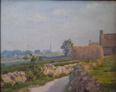 an oil painting of a country road with a barn in the distance