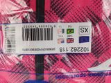 a close up of a pink suitcase with a barcode on it