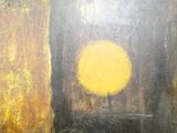 une peinture représentant un cercle jaune sur un fond noir et jaune