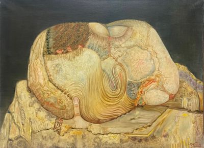 une peinture à l'huile représentant une femme endormie sur un lit, un livre à la main