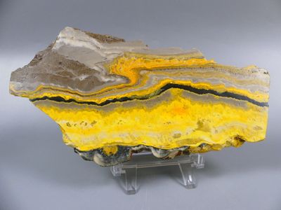a large yellow and grey rock with a black stripe on it