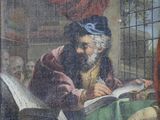 an old painting of a man sitting at a table reading a book