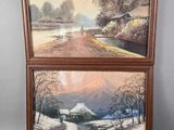 two framed paintings of a mountain scene with a river in the foreground