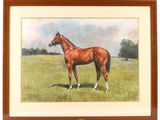 tableau représentant un cheval brun debout dans un champ verdoyant, avec des arbres en arrière-plan