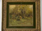 an oil painting of cows grazing in a field with trees in the background