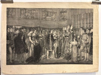 an old picture of a painting of a group of people standing in front of a stage