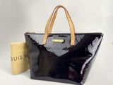louis vuitton black patent tote bag with tan leather handles