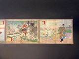 three old japanese woodblock paintings of a man riding a horse and a woman riding a horse