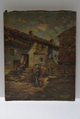 R. LACOSTE, "Rue de village animé", huile sur toile, signée …