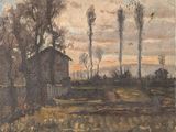 une image d'une peinture représentant une maison dans un champ avec des arbres