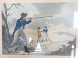 un tableau représentant un homme tirant avec une arme à feu sur un autre homme