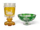 a glass bowl and a glass goblet sitting next to each other
