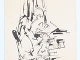 une image représentant le dessin d'une femme assise à une table en train de lire un livre